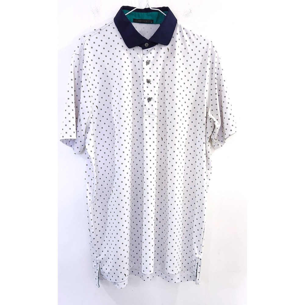 Greyson Mens Golf Polo Shirt White Navy Blue Monogram B Pattern Size Large